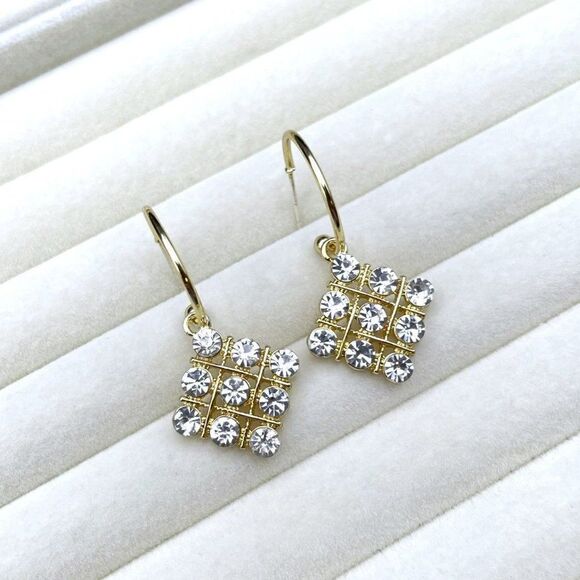Yellow Gold with White Diamond Crystal Rhombus Dangling Hoop Post Back Earrings - Picture 5 of 9